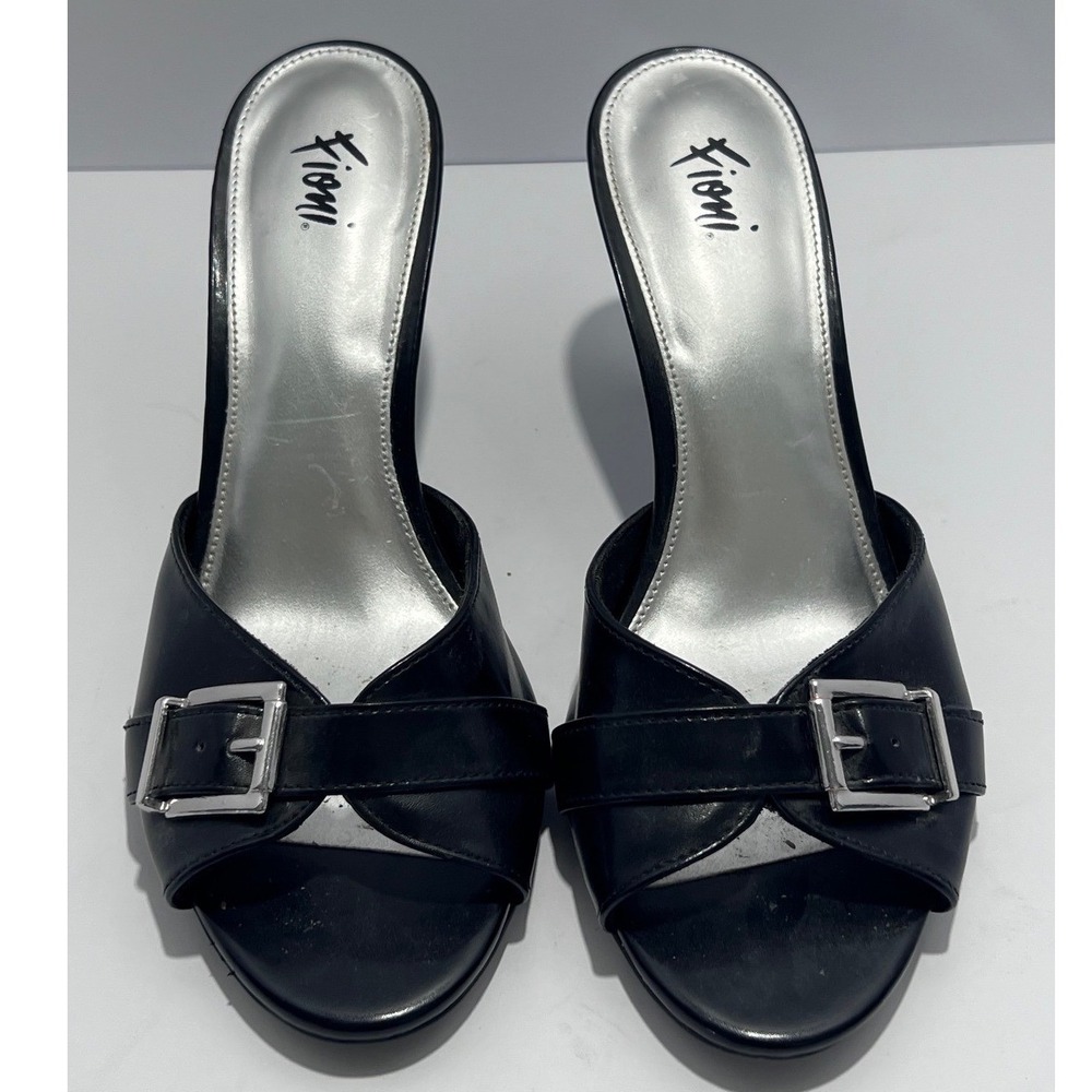 Fioni Black Buckle Slide Sandals Silver Insole Stiletto Kitten Heel Mules Size 8